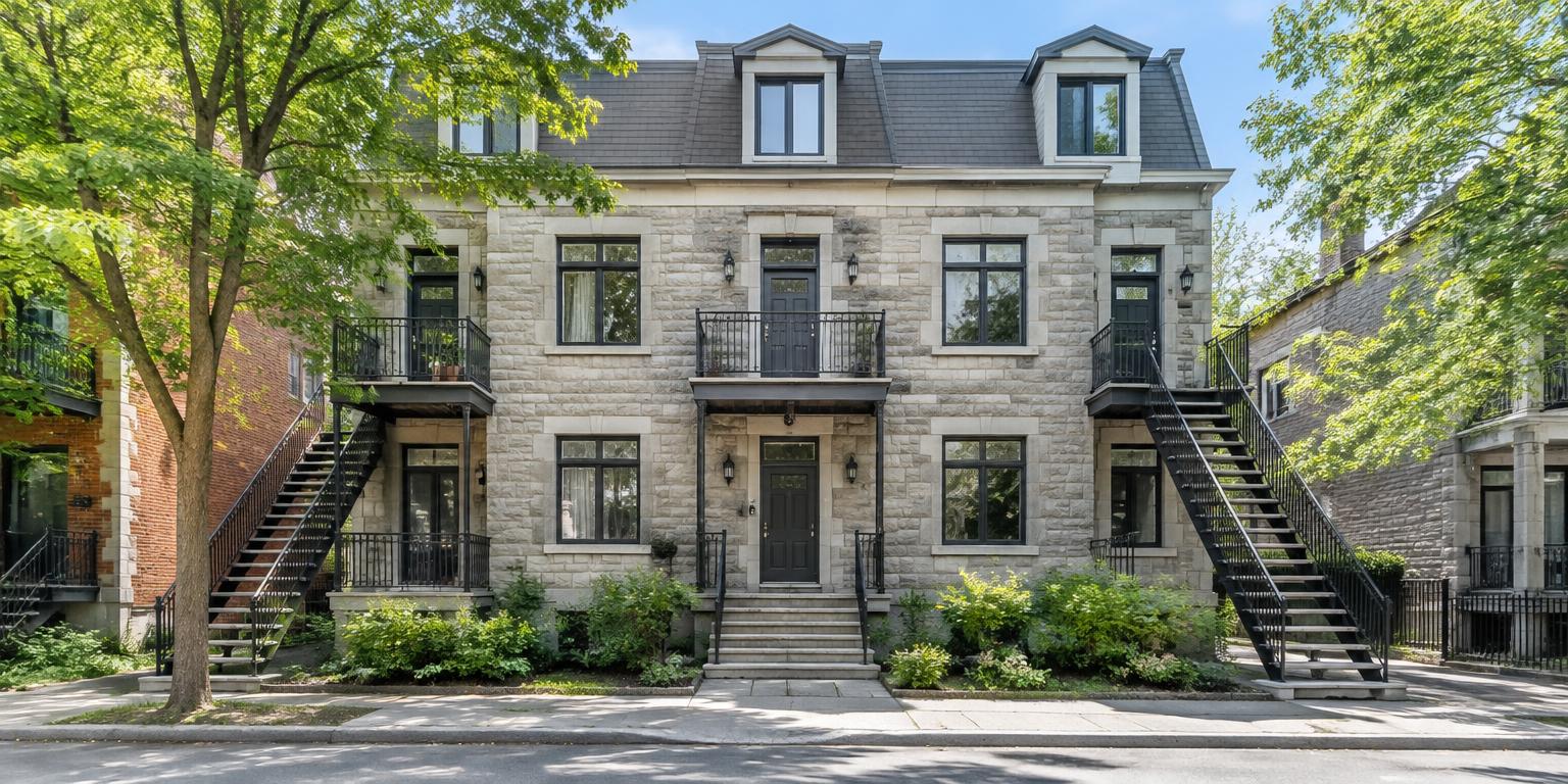 Visuel immobilier illustratif : façade résidentielle de style québécois